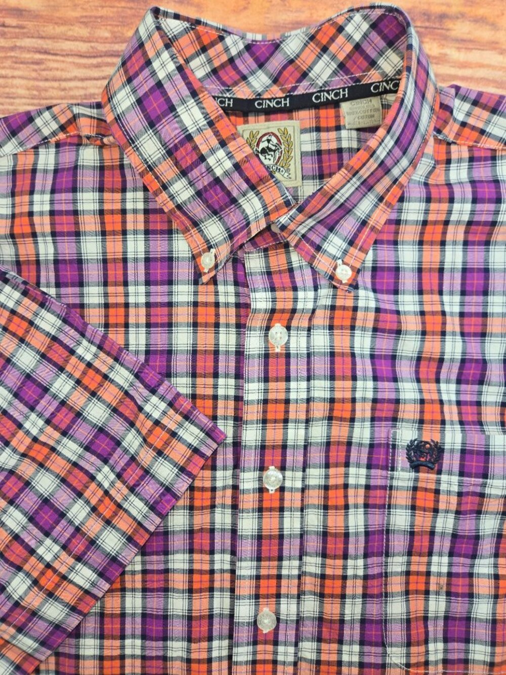Cinch Mens Plaid Short Sleeve Shirt Medium Orange Purple Plaid